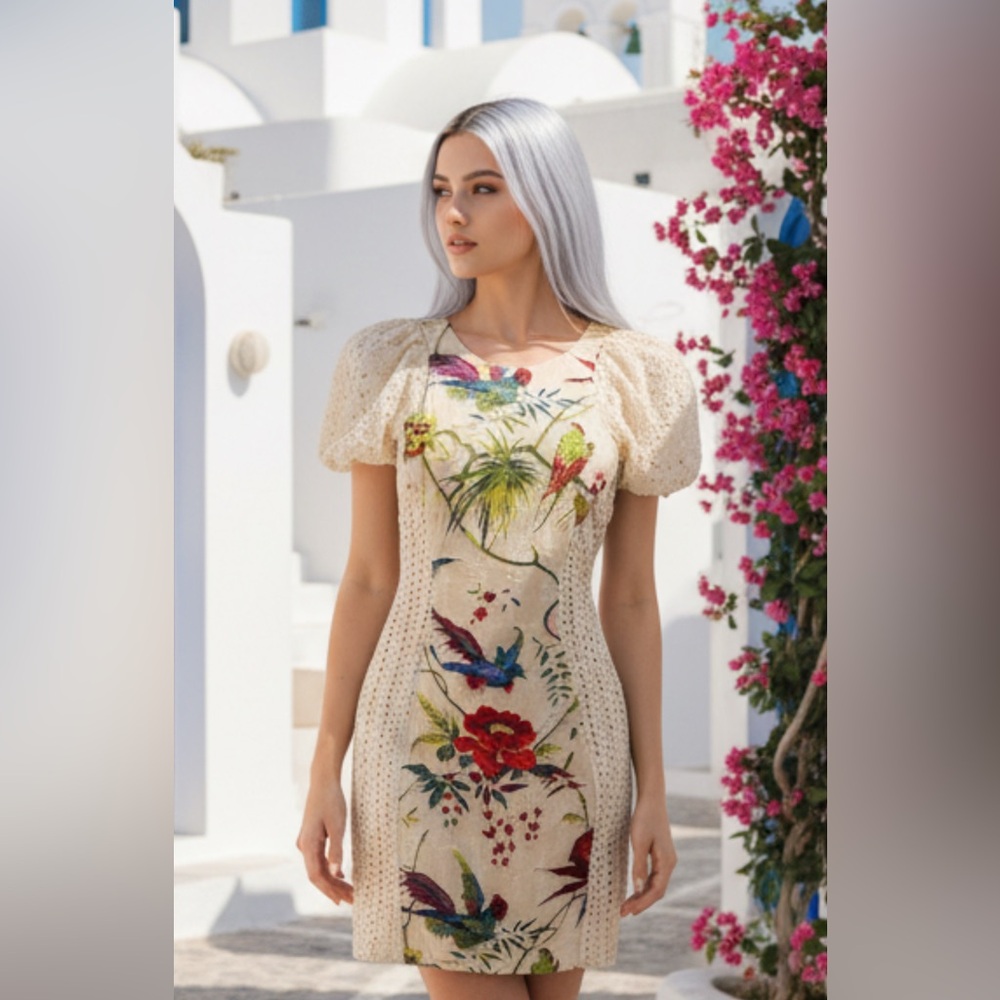 Roberto Cavalli Cream Floral Print Eyelet Dress XXS / 38